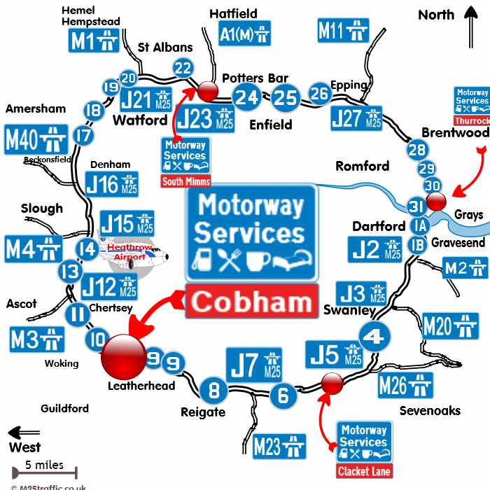 M25 Map Of Service Stations Cobham 