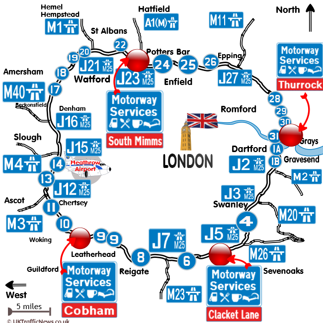 M25 Map Of Service Stations Locations Large 